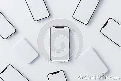 A 3D rendering showcases a phone screen mockup along with several slides, illustrating an app interface, UX/UI, and web Stock Photo