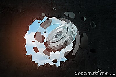 3d rendering of silver gear wheel breaking black wall Stock Photo