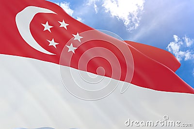 3D rendering of Singapore flag waving on blue sky background Stock Photo