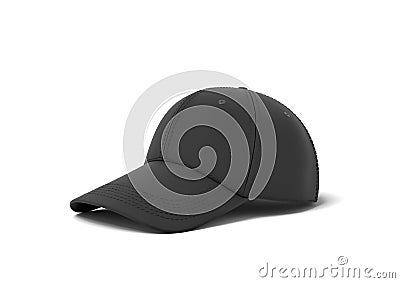 3d rendering of a single black baseball cap with black stitching lying on a white background. Stock Photo