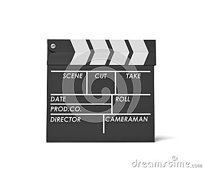 3d rendering of a single black clapperboard with empty fields for movie name isolated on white background. Stock Photo