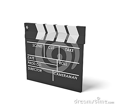 3d rendering of a single black clapperboard with empty fields for movie name, staff and takes standing in a side view. Stock Photo