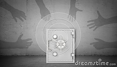 3d rendering of a single closed retro safe box stands on concrete background with many shadow arms pointing and grabbing Stock Photo