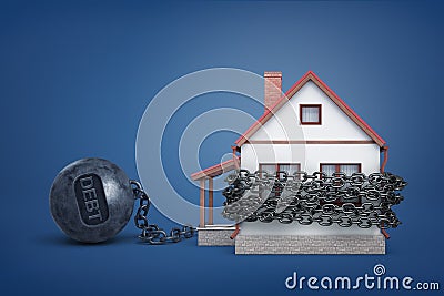 3d rendering of a single house bound by iron chain with a word Debt on an iron ball. Stock Photo