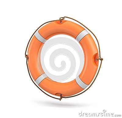 3d rendering of a single isolated orange life buoy hanging over a white background. Stock Photo