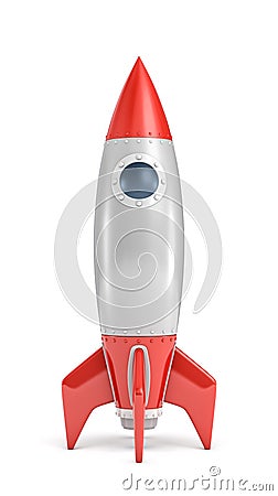 3d rendering of a single silver and red rocket ship with a round porthole isolated on a white background. Stock Photo