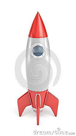 3d rendering of a single silver and red rocket ship with a round porthole isolated on a white background. Stock Photo