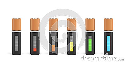 3d rendering of six AA type batteries with charge indicators in different stages of energy levels. Stock Photo