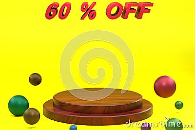 3d rendering Sixty Percent Off, Yellow Color and Display Wooden Texture Stock Photo