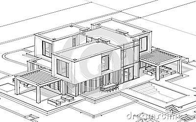 3d rendering sketch of modern house black line on white backgrou Stock Photo