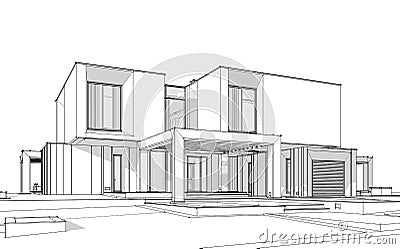 3d rendering sketch of modern house black line on white background Stock Photo