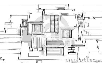 3d rendering sketch of modern house black line on white backgrou Stock Photo