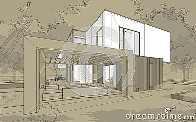 3d rendering sketch of modern house Stock Photo