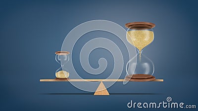 3d rendering of a small hourglass balances on a seesaw against a large hourglass in a perfect balance. Stock Photo