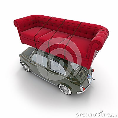 Small retro car carrying a sofa Stock Photo