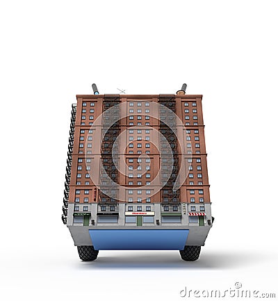 3d rendering of small 16-storeyed block of flats on blue hand truck. Stock Photo