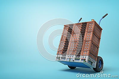 3d rendering of small 16-storeyed block of flats on blue hand truck on light-blue background. Stock Photo