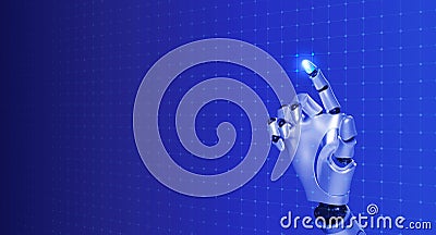 3d rendering smart humanoid robot's hand touching finger on square pixel on virtual digital network screen. Stock Photo