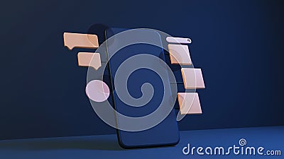 3D Rendering Smartphone With Chat Box, Thumbnail, URL On Blue Stock Photo