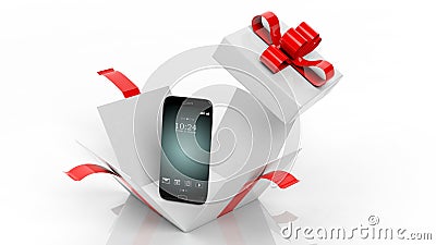 3D rendering of smartphone and opened giftbox with red ribbon Stock Photo