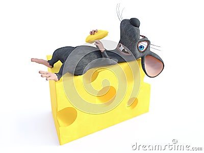 3D rendering of a smiling cartoon mouse lying on cheese Stock Photo