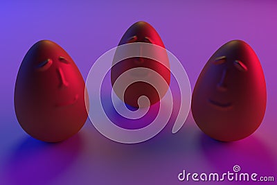 3D rendering of smiling golden eggs in blue and pink light Stock Photo