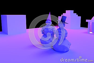 Snowman couple in bluish and pink light Stock Photo