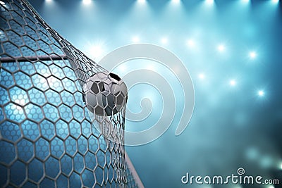 3d rendering soccer ball in goal. Soccer ball in net with spotlight and stadium light background, Success concept Stock Photo