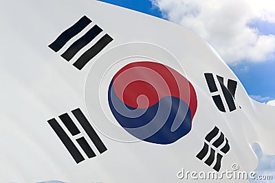 3D rendering of South Korea flag waving on blue sky Stock Photo