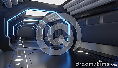 3D rendering Spaceship black interior with blue light,tunnel,big corridor, futuristic Stock Photo