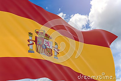 3D rendering of Spain flag waving on blue sky background Stock Photo