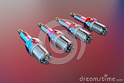 3D rendering. Spare parts spark plugs on multicolored background for car and motorcycle Stock Photo