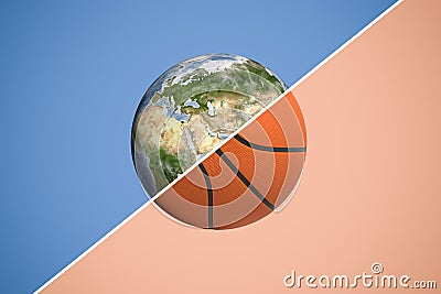 3d rendering of a sphere divided in two with a diagonal line into planet Earth and a basketball. Stock Photo