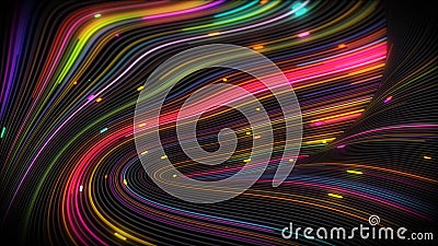 3D rendering of spiral bright vortex streams of light on a surface with lines Stock Photo