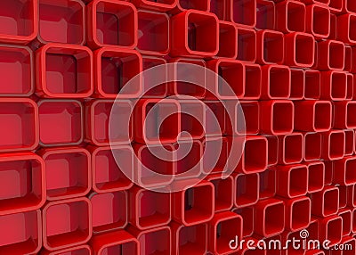 3d rendering. Stack of random red hole square blocks wall background in perspective view Stock Photo