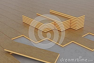 3D rendering of stacks of wooden timber planks on the wooden flo Stock Photo