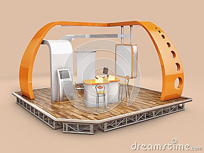 3d Rendering of stand, design with table and chair, info board, roll up. Clipping path included Stock Photo