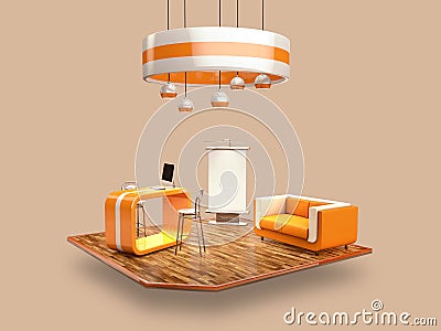 3d Rendering of stand, design with table and chair, info board, roll up. Clipping path included Stock Photo