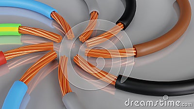 3D rendering of Standard color code for electrical wiring on a white background, 3-phase system Stock Photo