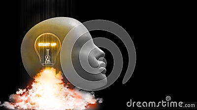 3D Rendering of start up light bulb in cyborg`s head lifting off from ground like rocket. Stock Photo