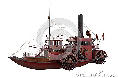 3D rendering of a Steampunk styled paddle steamer boat isolated on a white background Cartoon Illustration