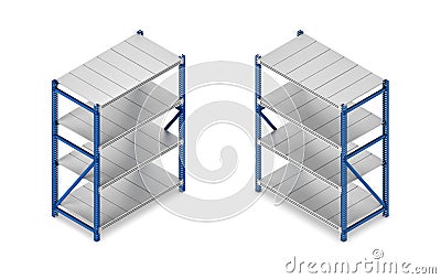 3d rendering of a steel grey-and-blue shelving unit in double-sided isometric view. Stock Photo