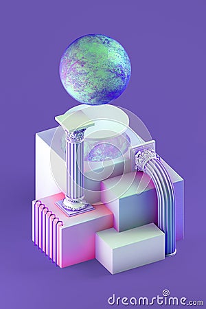 3d still life with planet and architectural forms Stock Photo