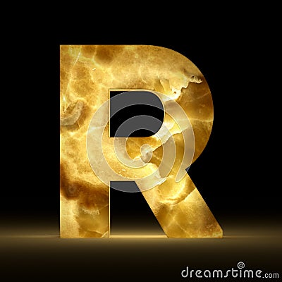 3D rendering stone onyx letter R isolated on black background. Signs and symbols. Alphabet luminous gemstone. Textured materials Stock Photo