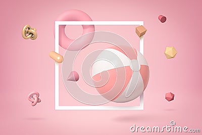 3d rendering of striped pink and white beach ball floating through square white frame on pink background with lots of Stock Photo