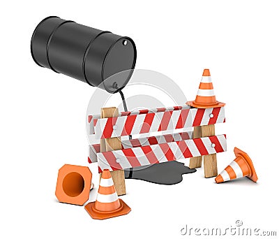 3d rendering of a striped roadblock sign beside several traffic cones and a barrel leaking oil on them from above. Stock Photo