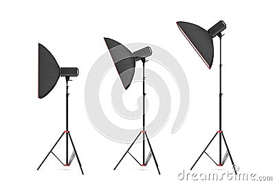 3d rendering of studio flash with small size softboxes stands turned down in several angles. Stock Photo
