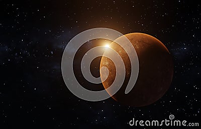 3D rendering of a sunrise seen from space over a red planet, like Mars, with Milkyway in the background Stock Photo