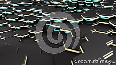 3D rendering of a surface consisting of many hexagons. Background image with blurring depth of field, for screensavers on the Stock Photo