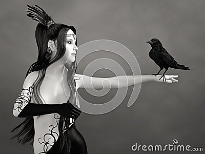 3D rendering of grayscale woman with black crow Stock Photo